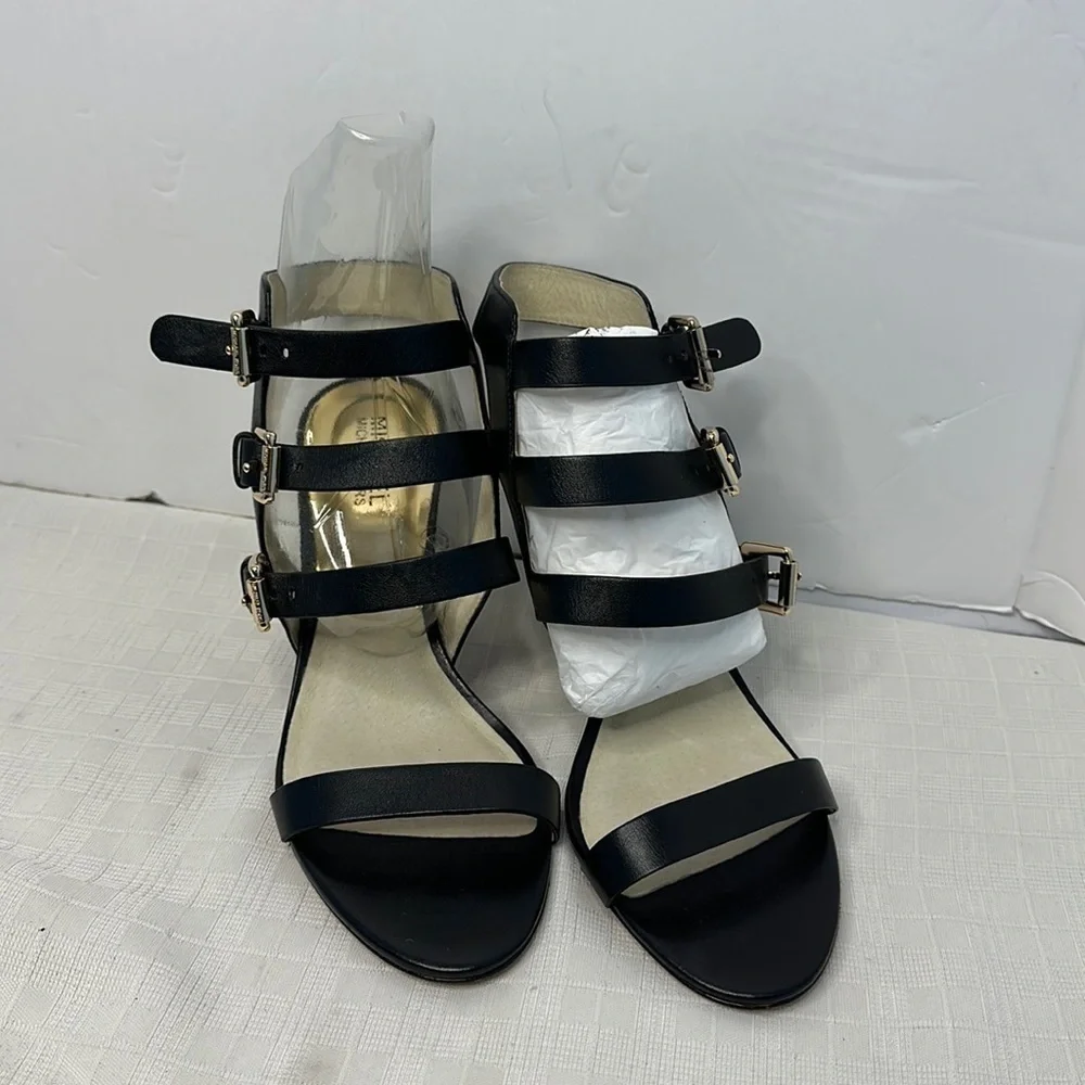 Michael Kors Viola 9M Black Leather 3 Strap Buckle Gold Zip Back Heel Sandal